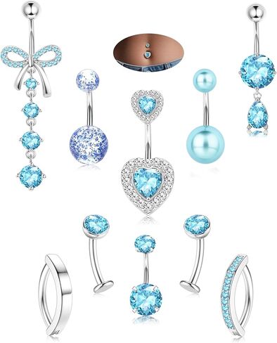 JeryWe Hypoallergenic Belly Button Ring Surgical Stainless Steel Dainty Dangle Navel Piercing Jewelry CZ Bow Heart Ball Pearl Clicker Piercings for Women in Kuwait