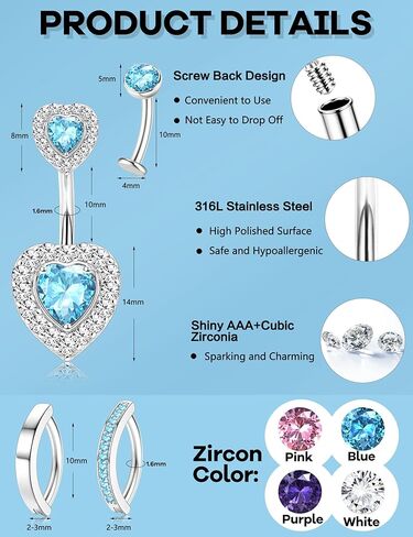 JeryWe Hypoallergenic Belly Button Ring Surgical Stainless Steel Dainty Dangle Navel Piercing Jewelry CZ Bow Heart Ball Pearl Clicker Piercings for Women in Kuwait