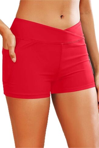 Women 3" High Waisted Swim Board Shorts V Cross Boy Shorts Swim Bathing Suit Bottoms Swimwear with Pockets in Saudi Arabia