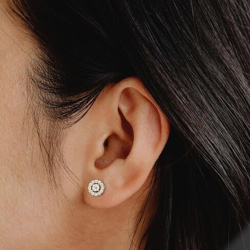 Gilded Lab-Grown Diamond Stud Plus Round Halo Earrings for Women, Round Cut, 4-Prong, Push Back, 925 Sterling Silver or 14KTGold-Plated, F Color SI1 in Saudi Arabia