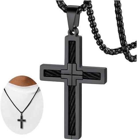 FaithHeart Cross Necklace for Men, Silver/Black/Gold Cross Necklaces Stainless Steel Pendant with 22+2 Inch Box Chain Christian Gifts for Men in Saudi Arabia
