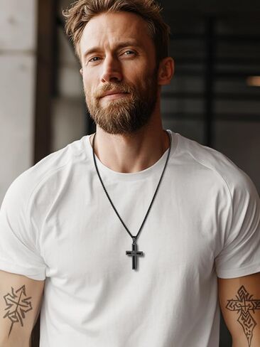 FaithHeart Cross Necklace for Men, Silver/Black/Gold Cross Necklaces Stainless Steel Pendant with 22+2 Inch Box Chain Christian Gifts for Men in Saudi Arabia