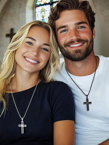 FaithHeart Cross Necklace for Men, Silver/Black/Gold Cross Necklaces Stainless Steel Pendant with 22+2 Inch Box Chain Christian Gifts for Men in Saudi Arabia