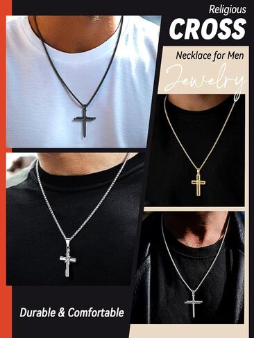 FaithHeart Cross Necklace for Men, Silver/Black/Gold Cross Necklaces Stainless Steel Pendant with 22+2 Inch Box Chain Christian Gifts for Men in Saudi Arabia