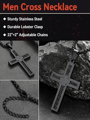 FaithHeart Cross Necklace for Men, Silver/Black/Gold Cross Necklaces Stainless Steel Pendant with 22+2 Inch Box Chain Christian Gifts for Men in Saudi Arabia