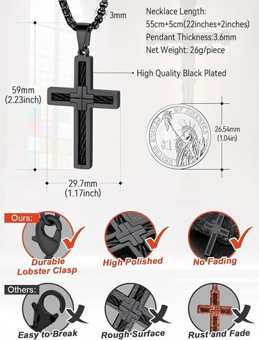 FaithHeart Cross Necklace for Men, Silver/Black/Gold Cross Necklaces Stainless Steel Pendant with 22+2 Inch Box Chain Christian Gifts for Men in Saudi Arabia