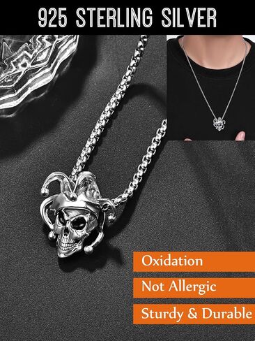 Skull Necklaces for Men, 925 Sterling Silver Mens Pendant Necklace, Cool Gothic Skull Jewelry Halloween Jewelry Gifts for Men Husband Him Father Son in Kuwait
