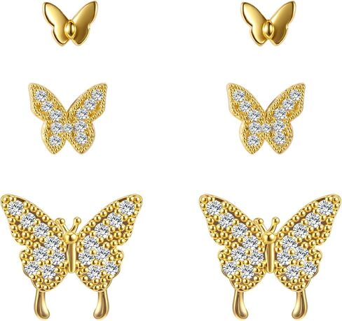 3 Pairs 14K Gold Plated 925 Sterling Silver Posts Bow Earrings for Women, Cubic Zirconia Bow Butterfly Stud Earrings Hypoallergenic Earrings Fashion Jewelry Gifts for Women in Kuwait