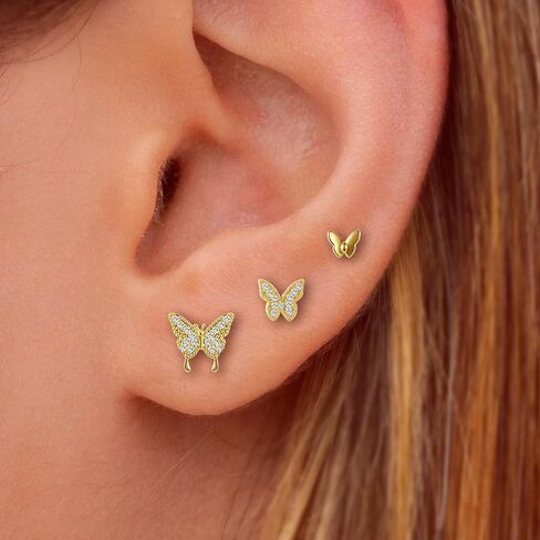3 Pairs 14K Gold Plated 925 Sterling Silver Posts Bow Earrings for Women, Cubic Zirconia Bow Butterfly Stud Earrings Hypoallergenic Earrings Fashion Jewelry Gifts for Women in Kuwait