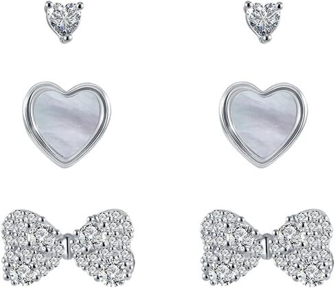 3 Pairs 14K Gold Plated 925 Sterling Silver Posts Bow Earrings for Women, Cubic Zirconia Bow Butterfly Stud Earrings Hypoallergenic Earrings Fashion Jewelry Gifts for Women in Kuwait