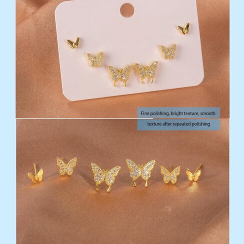 3 Pairs 14K Gold Plated 925 Sterling Silver Posts Bow Earrings for Women, Cubic Zirconia Bow Butterfly Stud Earrings Hypoallergenic Earrings Fashion Jewelry Gifts for Women in Kuwait