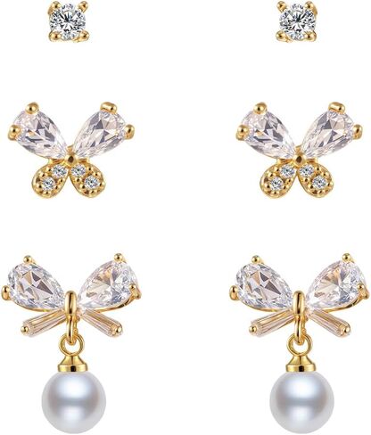 3 Pairs 14K Gold Plated 925 Sterling Silver Posts Bow Earrings for Women, Cubic Zirconia Bow Butterfly Stud Earrings Hypoallergenic Earrings Fashion Jewelry Gifts for Women in Kuwait