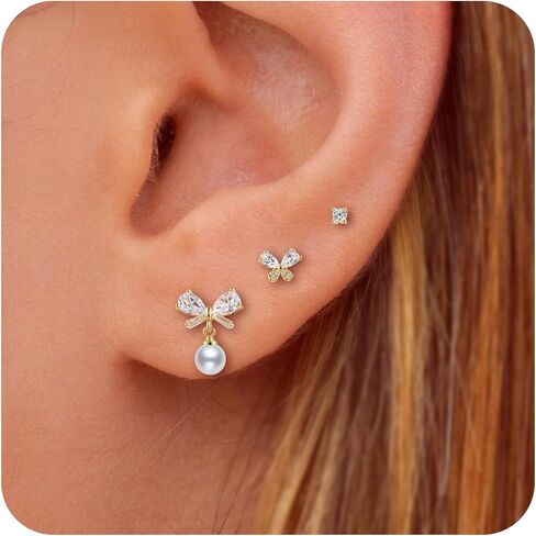 3 Pairs 14K Gold Plated 925 Sterling Silver Posts Bow Earrings for Women, Cubic Zirconia Bow Butterfly Stud Earrings Hypoallergenic Earrings Fashion Jewelry Gifts for Women in Kuwait