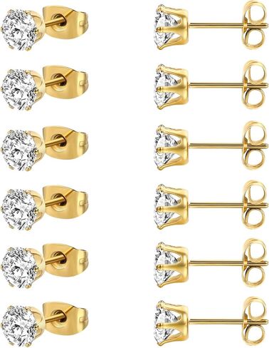 MDFUN 6 Pairs Stud Earrings Sets 3-8MM 18K Gold Plated Round 5A+ Cubic Zirconia Earrings Hypoallergenic CZ 6 Prong Ears Jewelry for Women in Saudi Arabia