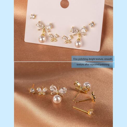 3 Pairs 14K Gold Plated 925 Sterling Silver Posts Bow Earrings for Women, Cubic Zirconia Bow Butterfly Stud Earrings Hypoallergenic Earrings Fashion Jewelry Gifts for Women in Kuwait