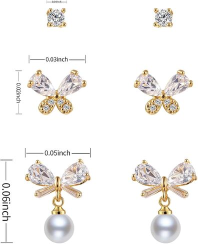 3 Pairs 14K Gold Plated 925 Sterling Silver Posts Bow Earrings for Women, Cubic Zirconia Bow Butterfly Stud Earrings Hypoallergenic Earrings Fashion Jewelry Gifts for Women in Kuwait