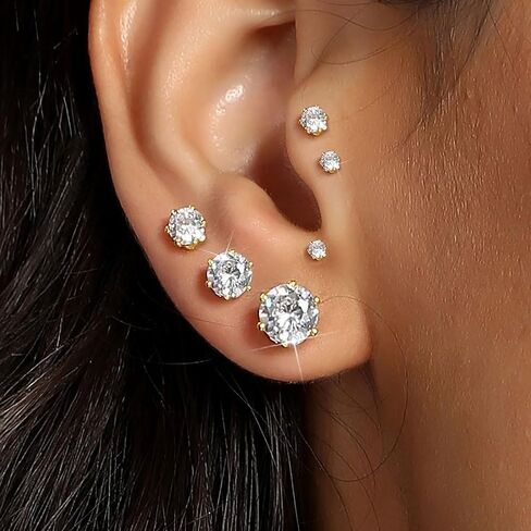 MDFUN 6 Pairs Stud Earrings Sets 3-8MM 18K Gold Plated Round 5A+ Cubic Zirconia Earrings Hypoallergenic CZ 6 Prong Ears Jewelry for Women in Saudi Arabia