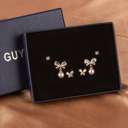 3 Pairs 14K Gold Plated 925 Sterling Silver Posts Bow Earrings for Women, Cubic Zirconia Bow Butterfly Stud Earrings Hypoallergenic Earrings Fashion Jewelry Gifts for Women in Kuwait