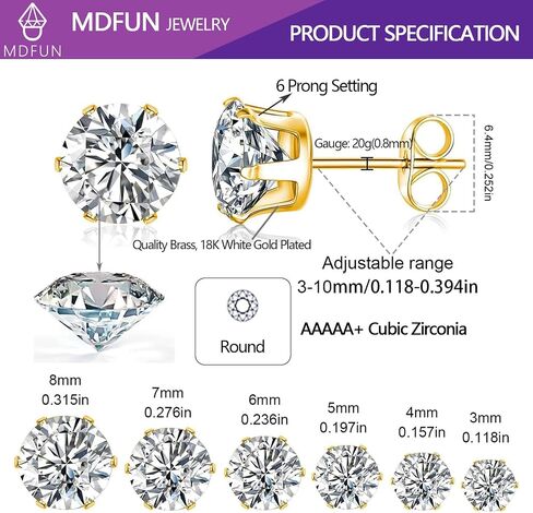 MDFUN 6 Pairs Stud Earrings Sets 3-8MM 18K Gold Plated Round 5A+ Cubic Zirconia Earrings Hypoallergenic CZ 6 Prong Ears Jewelry for Women in Saudi Arabia