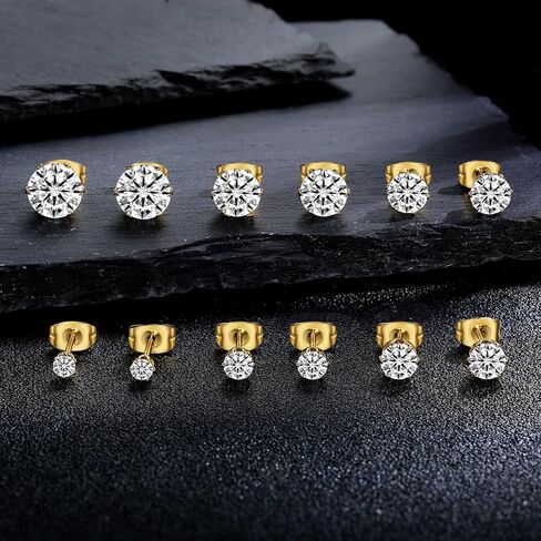 MDFUN 6 Pairs Stud Earrings Sets 3-8MM 18K Gold Plated Round 5A+ Cubic Zirconia Earrings Hypoallergenic CZ 6 Prong Ears Jewelry for Women in Saudi Arabia