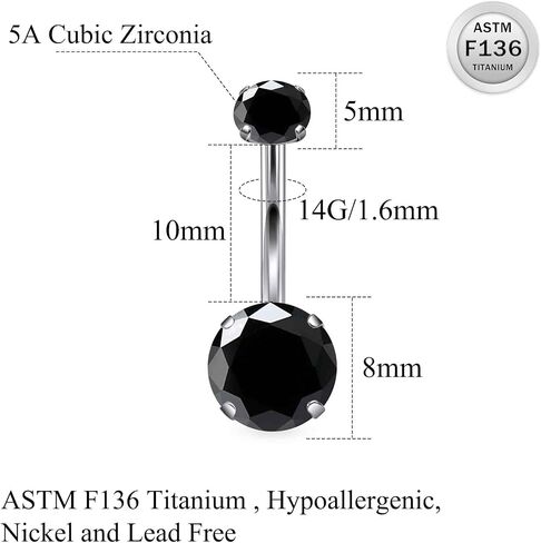 Ruifan ASTM F136 Titanium Belly Button Rings 14G Cubic Zirconia Round Belly Navel Rings 10mm Bar Body Piercing Jewelry Navel Ring With 1PCS Curved Piercing Taper in Saudi Arabia