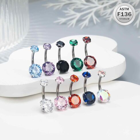 Ruifan ASTM F136 Titanium Belly Button Rings 14G Cubic Zirconia Round Belly Navel Rings 10mm Bar Body Piercing Jewelry Navel Ring With 1PCS Curved Piercing Taper in Saudi Arabia