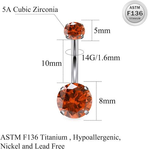 Ruifan ASTM F136 Titanium Belly Button Rings 14G Cubic Zirconia Round Belly Navel Rings 10mm Bar Body Piercing Jewelry Navel Ring With 1PCS Curved Piercing Taper in Saudi Arabia