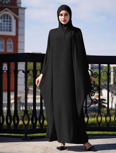 IDOPIP Muslim Dresses for Women One Piece Long Sleeve Islamic Prayer Ramadan Abaya Hooded Hijab Loose Maxi Kaftan Dubai Robe in Saudi Arabia