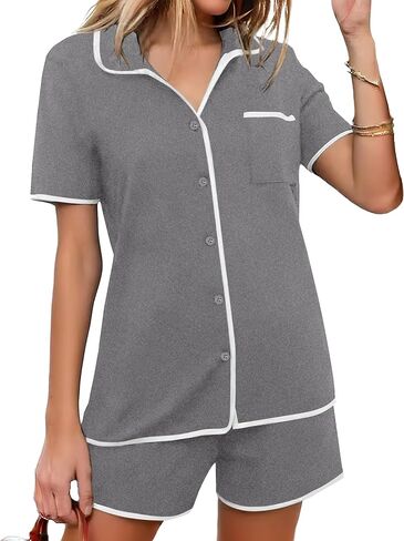 Ekouaer Pajamas مجموعة للنساء الأكمام قصيرة الأكمام الزر "ملابس النوم" لأسفل PJ مجموعات شورتات ناعمة صالة للصيف ، S-XXL in Kuwait