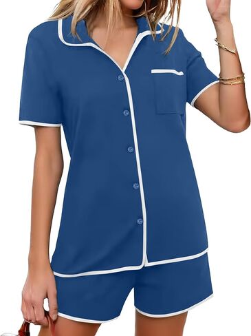 Ekouaer Pajamas مجموعة للنساء الأكمام قصيرة الأكمام الزر "ملابس النوم" لأسفل PJ مجموعات شورتات ناعمة صالة للصيف ، S-XXL in Kuwait