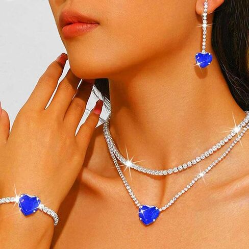 Aukmla Women Bridal Wedding Jewelry Set Silver Crystal Heart Pendant Necklace Earring Bracelet Sets Prom Layered Necklaces in Saudi Arabia