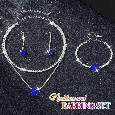 Aukmla Women Bridal Wedding Jewelry Set Silver Crystal Heart Pendant Necklace Earring Bracelet Sets Prom Layered Necklaces in Saudi Arabia