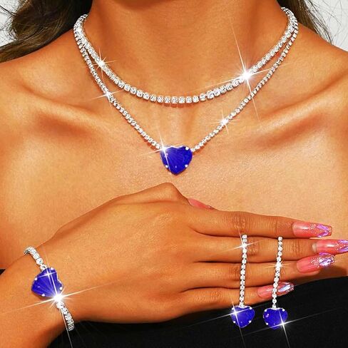 Aukmla Women Bridal Wedding Jewelry Set Silver Crystal Heart Pendant Necklace Earring Bracelet Sets Prom Layered Necklaces in Saudi Arabia