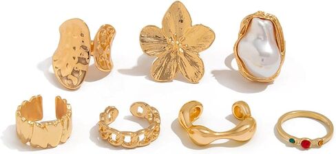 Chunky Gold Stackable Rings Set for Women Adjustable Open Thick Stacking Crystal Knuckle Ring Pack Trendy Cute Pearl Flower Finger Midi Rings Prom Costume Gold Jewelry in Saudi Arabia