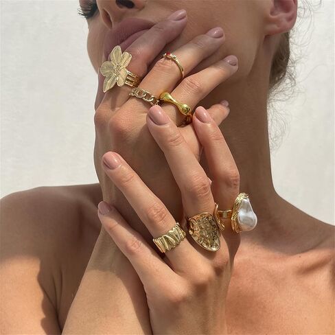 Chunky Gold Stackable Rings Set for Women Adjustable Open Thick Stacking Crystal Knuckle Ring Pack Trendy Cute Pearl Flower Finger Midi Rings Prom Costume Gold Jewelry in Saudi Arabia