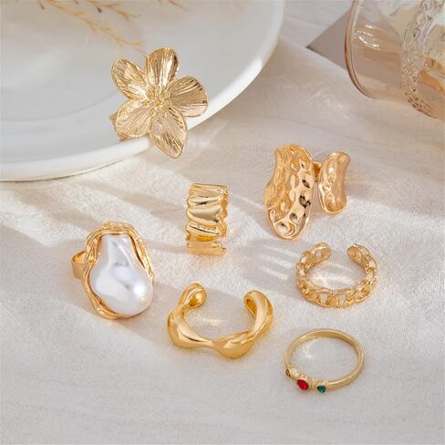 Chunky Gold Stackable Rings Set for Women Adjustable Open Thick Stacking Crystal Knuckle Ring Pack Trendy Cute Pearl Flower Finger Midi Rings Prom Costume Gold Jewelry in Saudi Arabia