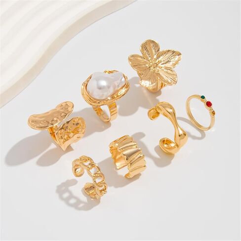 Chunky Gold Stackable Rings Set for Women Adjustable Open Thick Stacking Crystal Knuckle Ring Pack Trendy Cute Pearl Flower Finger Midi Rings Prom Costume Gold Jewelry in Saudi Arabia
