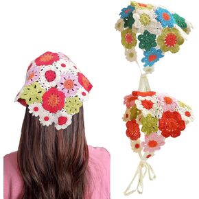 2 Pcs Crochet Hair Bandana Floral Hair Scarf Boho Head Kerchief Vintage Headbands Handmade Hair Tie for Girls Women