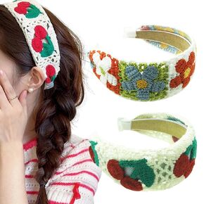 2pcs عقال الكروشيه للنساء ، ونمط الأزهار والكرز ، وشاح تريكو رأس الهبي للنساء نساء 70s الشعر