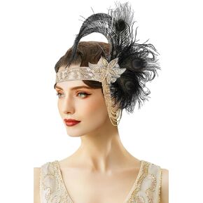 BABEYOND Flapper Headpiece for Women - 1920s Headband Roaring 20s Gatsby Accessories Peacock Feather Tassel Chain(Beige)