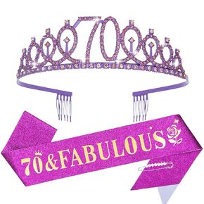 YARIEW Purple Crown + 70th Celebration Sash, Pearl Pin, and Party Favor Gift Set