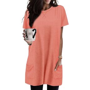 KISSMODA Womens Summer Tunic Tops for Leggings Casual Short Sleeve Long Shirts with Pockets