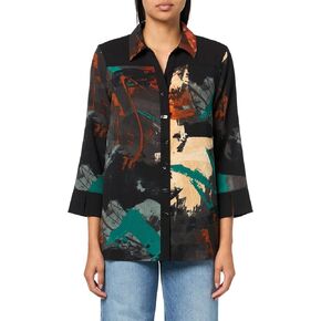 Ali Miles Women's Printed Woven Button Front Tunic Three Quarters Sleeve Point Collar