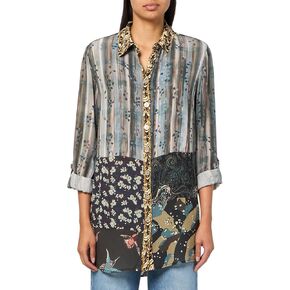 john mark Women's Mix Print Patched Button Front Tunic with Roll Tab Sleeves