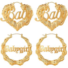 Hersin Gold Bamboo Hoop Earrings for Women 18K Gold Plated Large Round Heart Bamboo Earrings Set 80s 90s Door Knocker Earrings Trendy Hip Hop Jewelry Clothing Accessories