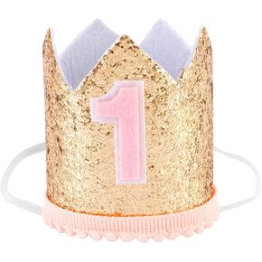 SuPoo First Birthday Hat Glitter 1st Birthday Girl Crown Headband First Birthday Decorations for Girl Princess Tiara One Year Old Birthday Party Decorations Outfit Accessory