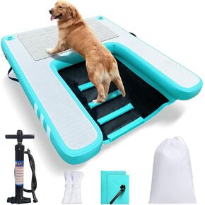 Inflatable Large Dog Float Floating Ramp - Swimming Pets Up to 220 Pounds Large Dogs - Inflatable Stairs for Boats, Docks, with Pump/Rope/Repair Kit - PVC Anti-Slip Fabric