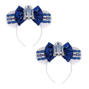 Mouse Ears Headbands - 2 Pcs Sequin Bow Mouse Ears for Women Girls, Halloween Holiday trip Party Cosplay Costumes Headwear Accessories (White & Blue)