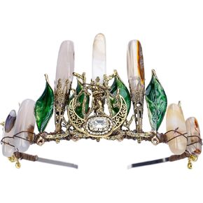 Woodland Fairy Crystal Quartz Crown - Forest Elves Headpieces Leaf Agate Crowns for Women, Moon Goddess Headwear for Renaissance Festival Halloween Cosplay Costume