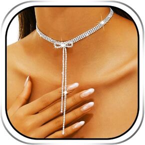 Jakawin Bow Choker Necklace Silver Rhinestone Diamond Prom Jewelry for Women